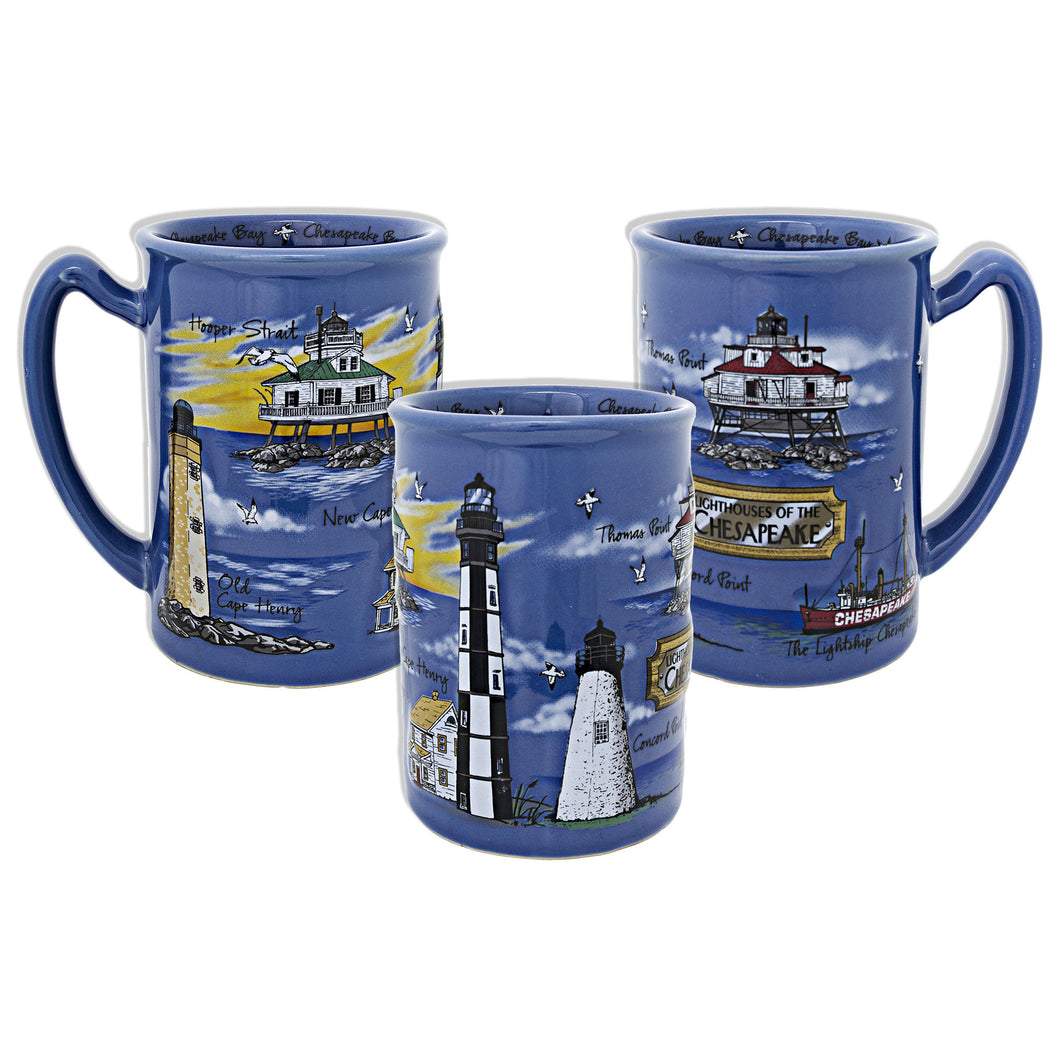 Coffee Mug Blue Raised Chesapeake Lighthouses