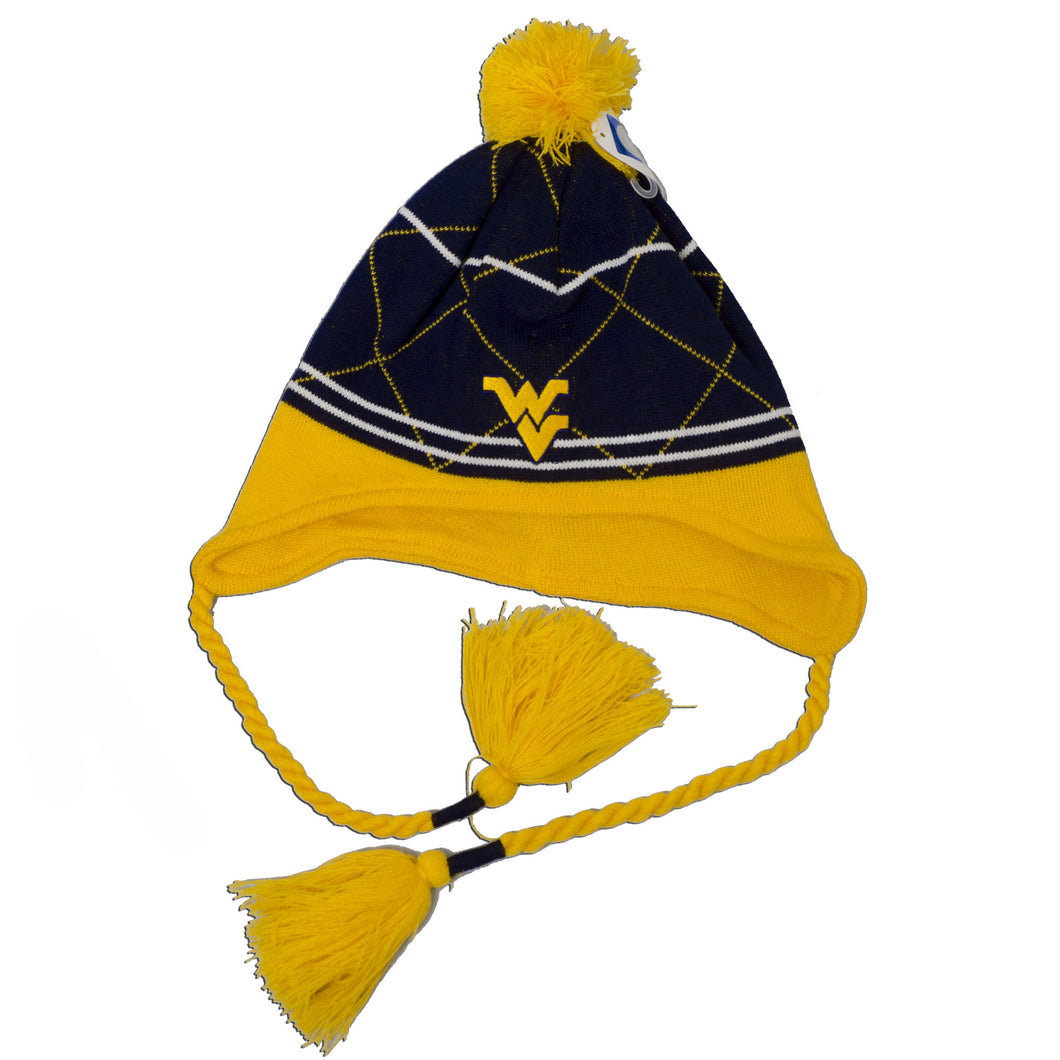 CPWU54 Knit Beanie with PomPom and Ties - West Virginia U BOG2