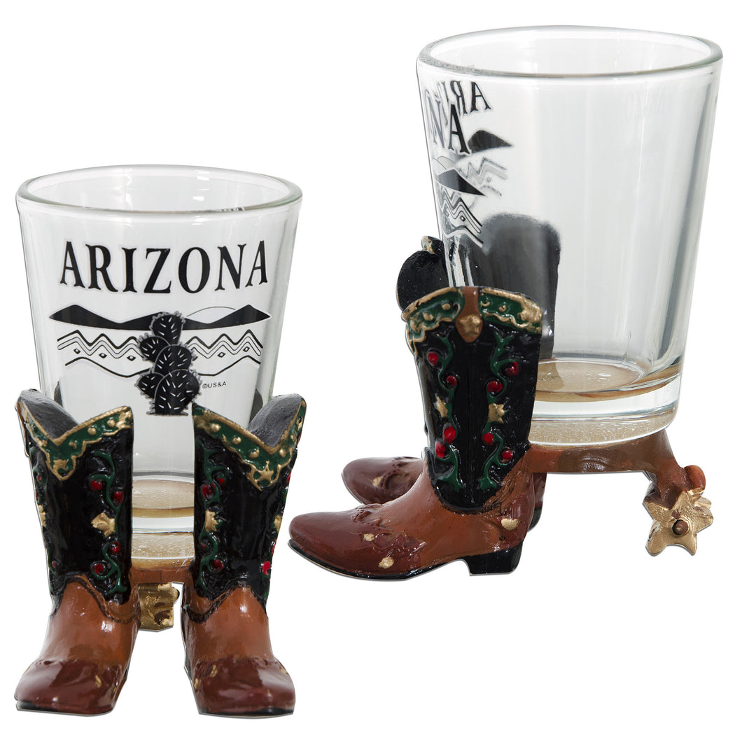 GLAZ02 Shot Glass/ Polyresin Boots - Arizona with Cactus Scene