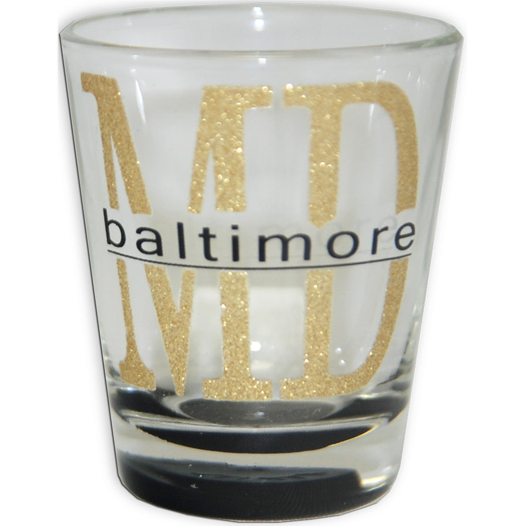 Shot Glass Glitter MD Baltimore with Color Bottom