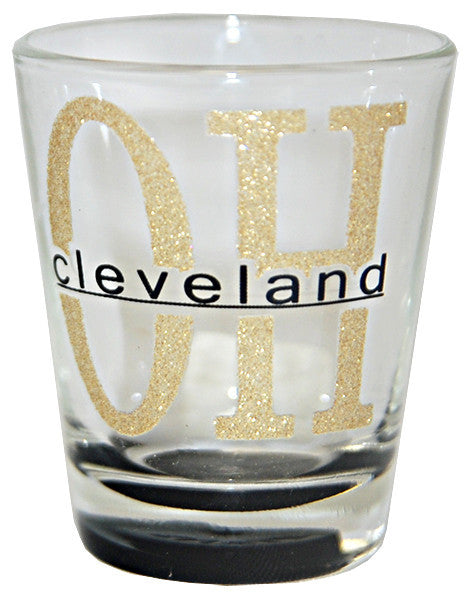 Shot Glass Glitter OH Cleveland with Color Bottom