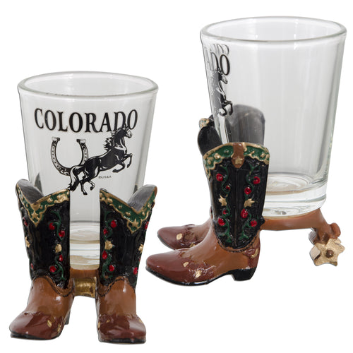 GLCO02 Shot Glass/ Polyresin Boots - Colorado with Horse