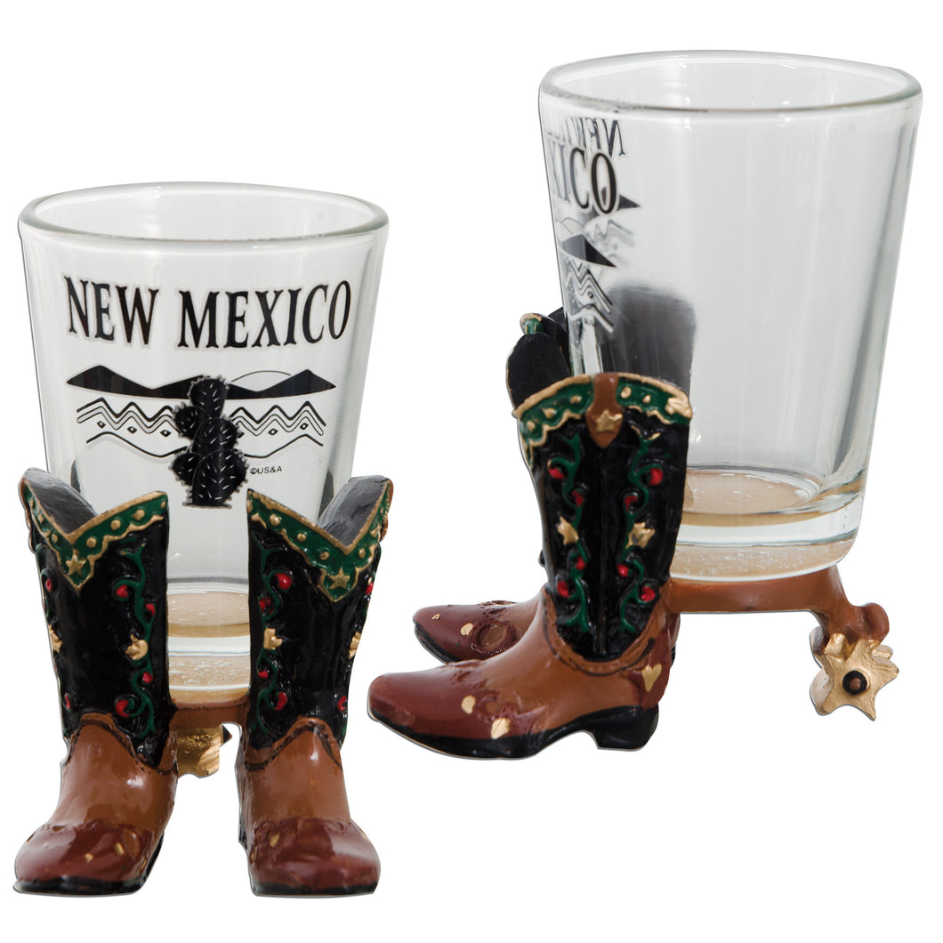 GLNM03 Shot Glass/ Polyresin Boots - New Mexico with Cactus Scene
