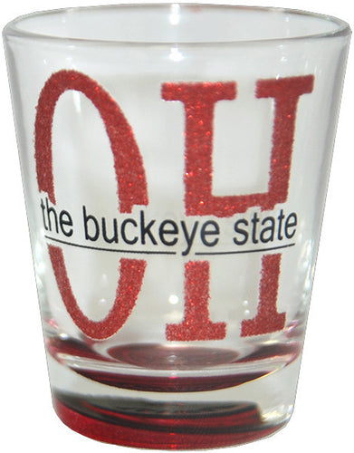 Shot Glass Glitter OH The Buckeye State with clear Bottom