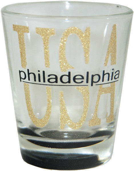 Shot Glass Glitter USA Philadelphia with Color Bottom