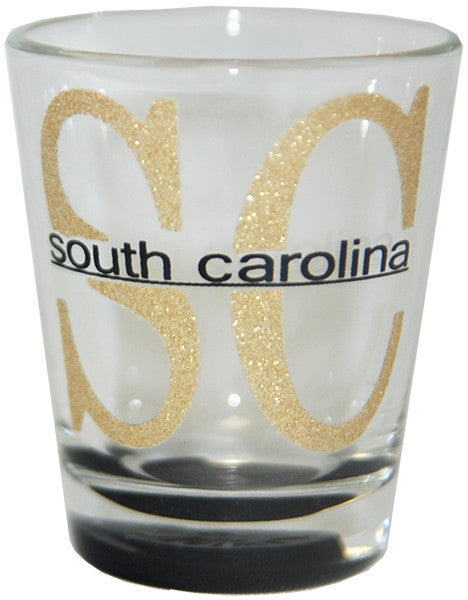 Shot Glass Glitter SC South Carolina with clear Bottom