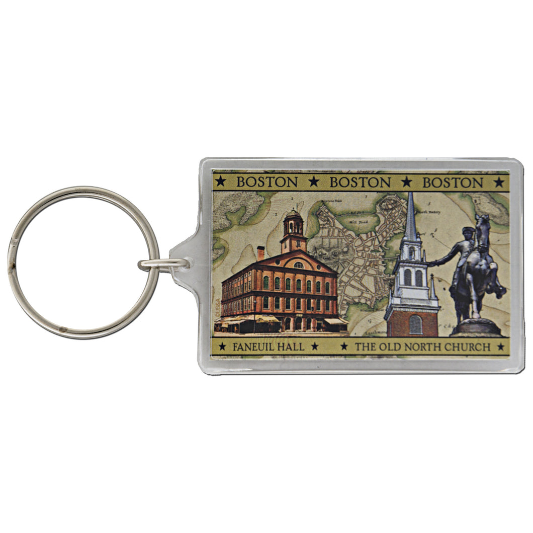 Key Ring 2x3 Lucite Boston Old Map