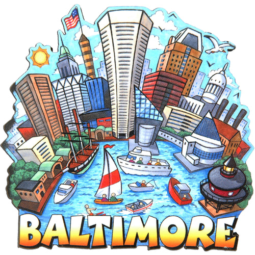 Magnet Large Artwood Baltimore Cartoon Skyline