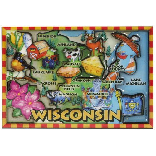 Magnet - Dual Level Epoxy - Cartoon Map  Wisconsin