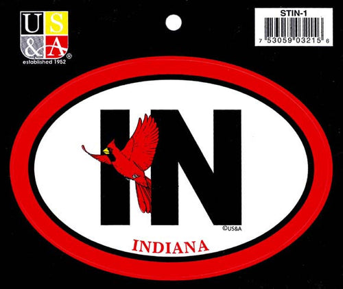 STIN1 Euro Oval Sticker IN Indiana with Cardinal