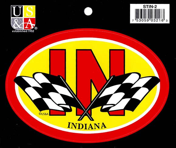 STIN2 Euro Oval Sticker IN Indiana with Checkered Flag