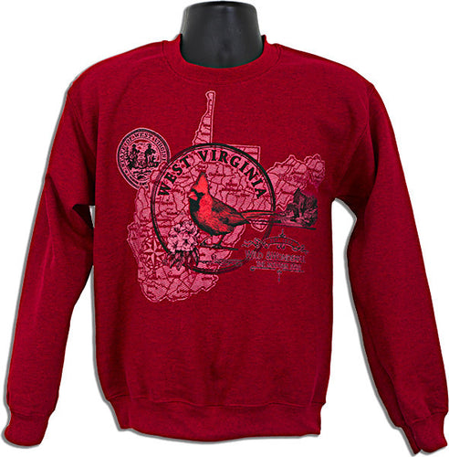 CREW SWEATSHIRT West Virginia Circle Map ANTIQUE CHERRY