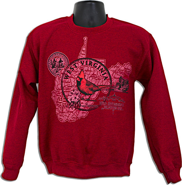 CREW SWEATSHIRT West Virginia Circle Map ANTIQUE CHERRY