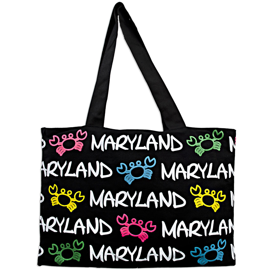 Robin Ruth Tote Bag - MEDIUM - Black with Multi Color Crabs - Maryland