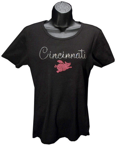 Fitted Missy Top Rhinestone Cincinnati Pig BLACK