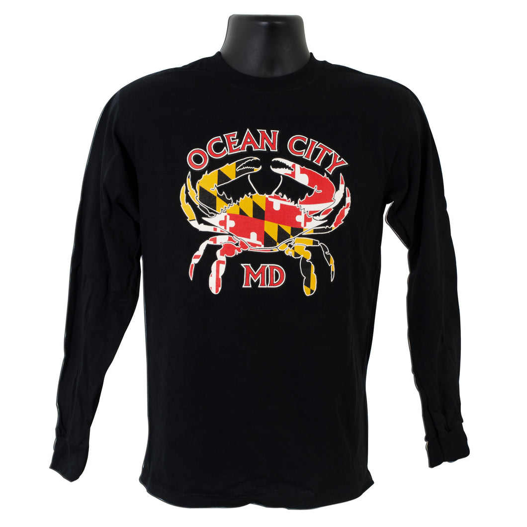 TSOC07Z LONG-SLEEVE T Crab with Flag Ocean City MD BLACK