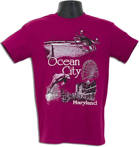 T-Shirt Ocean City Scroll Scene BERRY