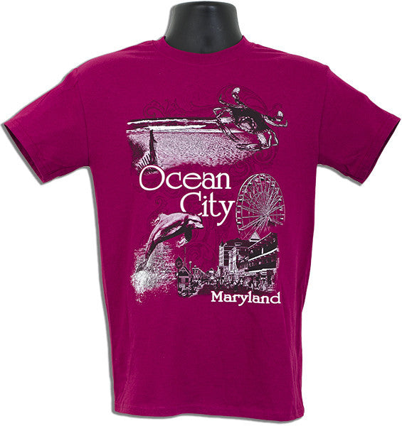 T-Shirt Ocean City Scroll Scene BERRY