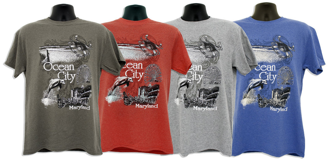 T-Shirt Ocean City Scroll Scene HEATHERS ASST