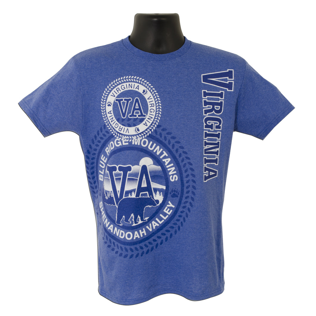 Royal heather blue t-shirt with Virginia stamp design.