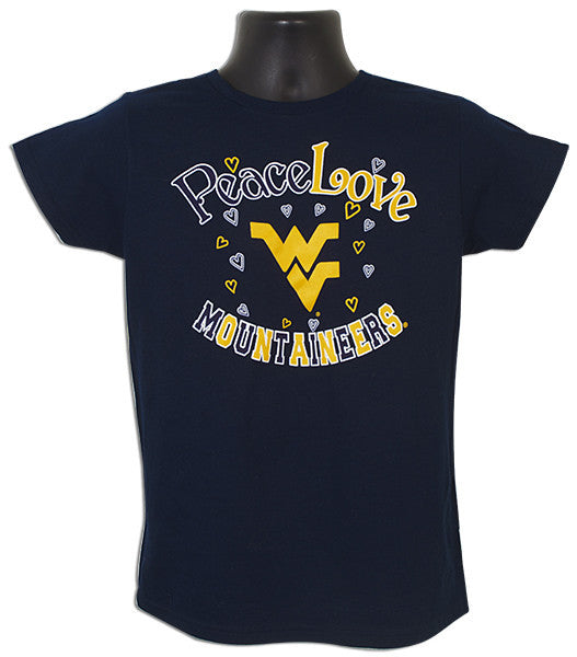 Ladies T-Shirt WVU Peace, Love, Mountaineers NAVY