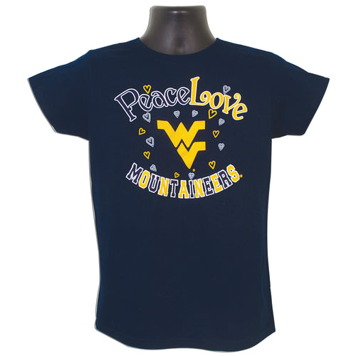 TSWU10NXX Ladies T WVU Peace Love Mountaineers NAVY