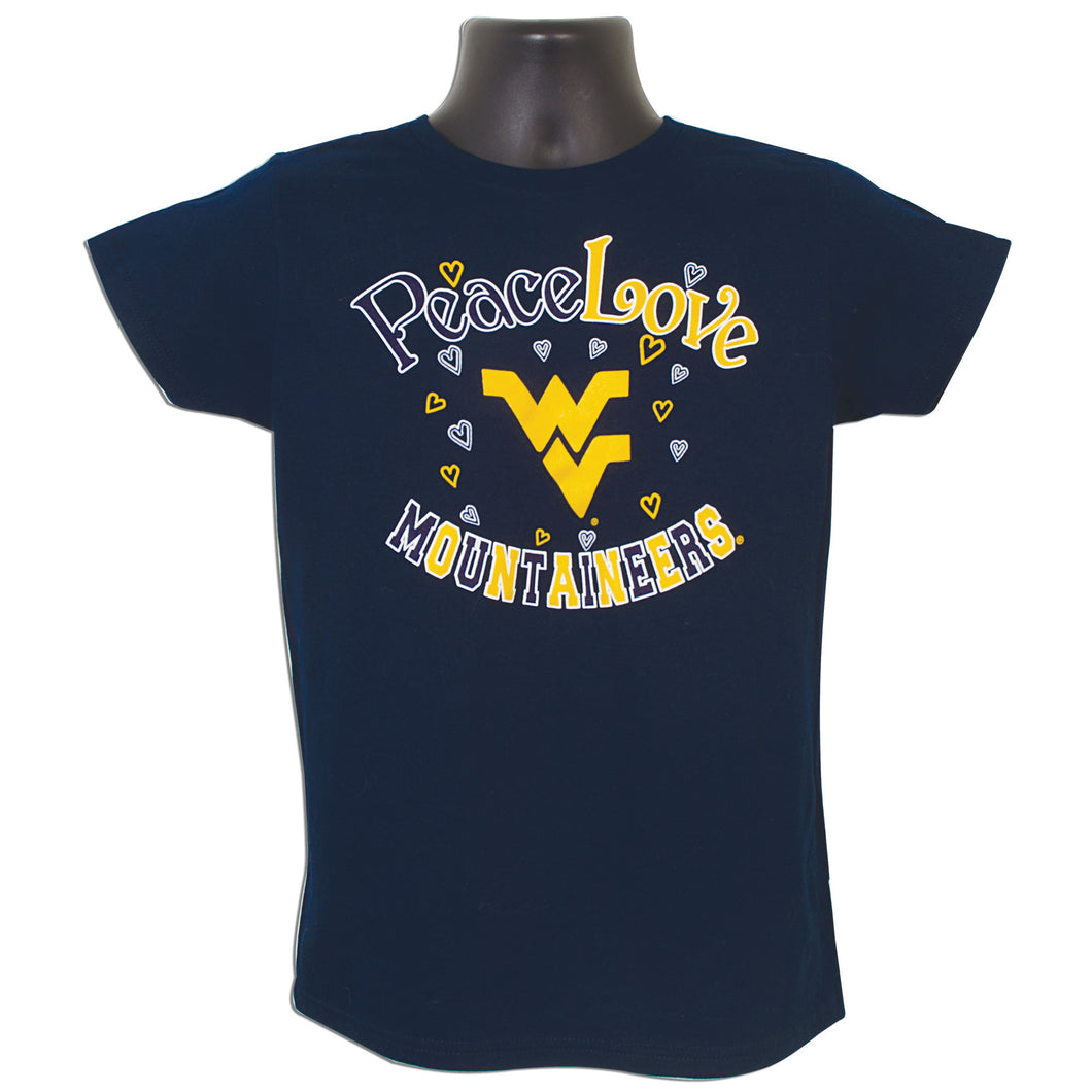 TSWU10NXX Ladies T WVU Peace Love Mountaineers NAVY